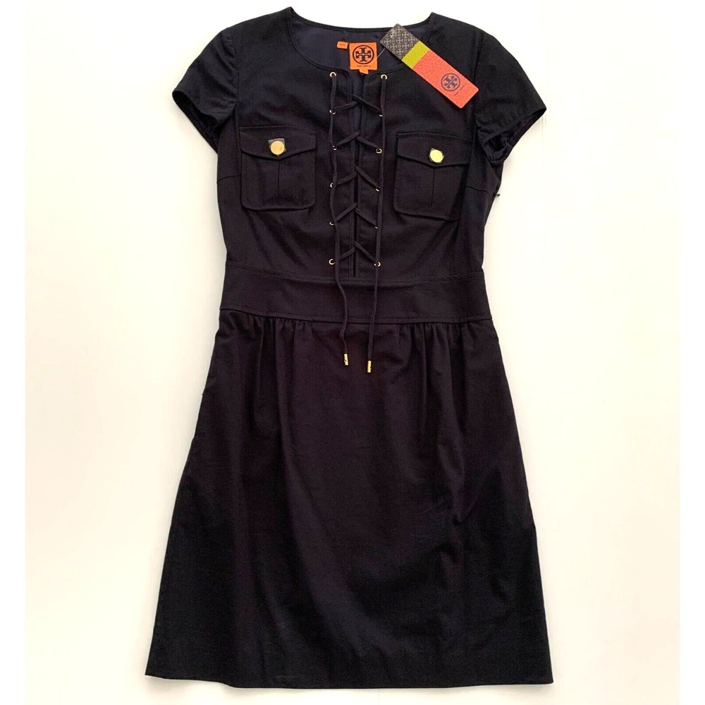 NWT Tory Burch Farla Lace Up Dress 0 00 XS Cotton‎ Safari Military $375 Navy